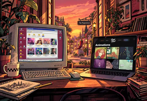The Pepperstreet at sunset, with vintage and modern computers displaying the portfolio